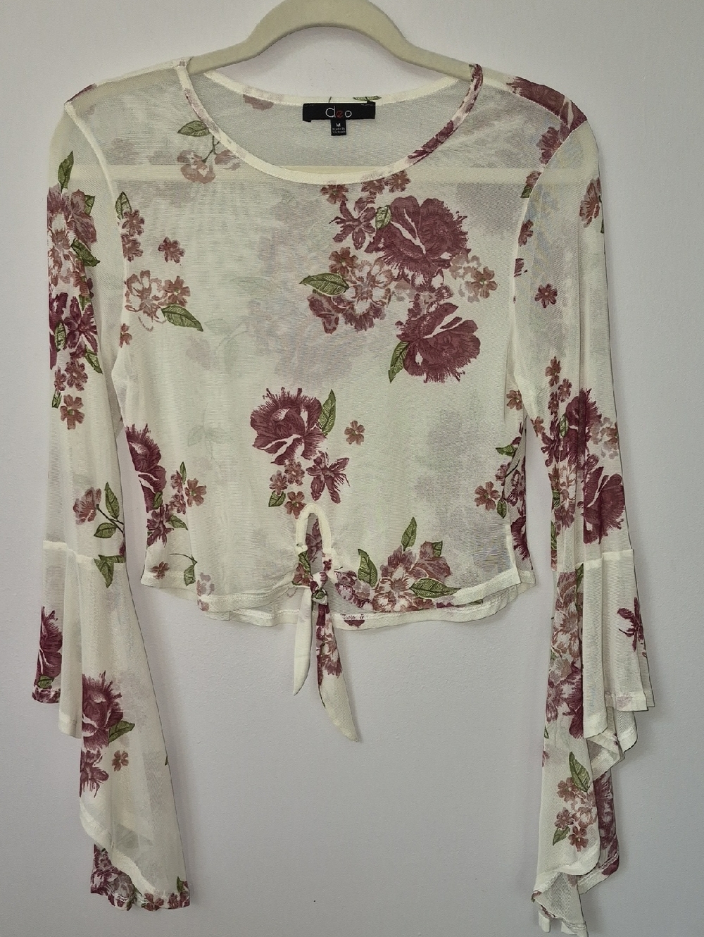 Y2K cleo Sheer Floral Tie-Front Blouse Womens M Bell Sleeve Crop Top